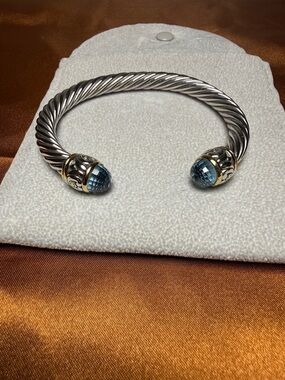 Twisted Cable Open Cuff Bracelet with Blue Gem End Caps